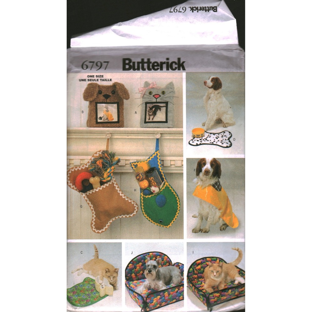 Butterick 6797 Pet Accessories Sewing Pattern Dog Raincoat Bed Stocking Hat‎ DIY